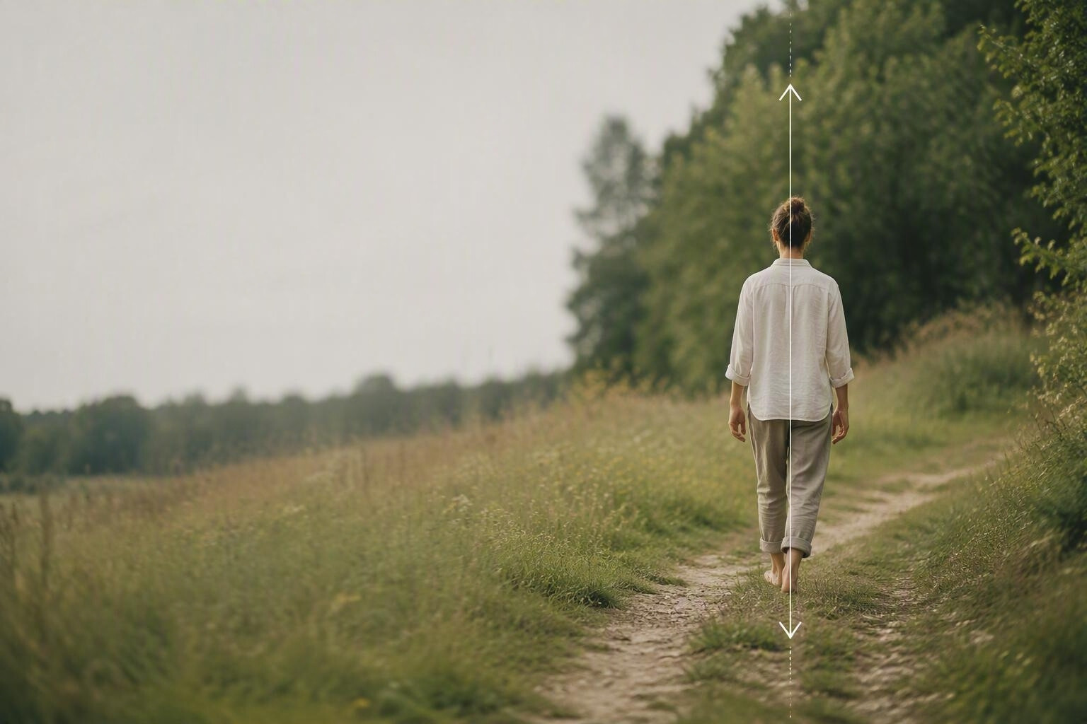 Barfuss gehende Person auf einem schmalen Naturweg in einer Wiese, mit einer feinen vertikalen Linie und Pfeilen nach oben und unten.